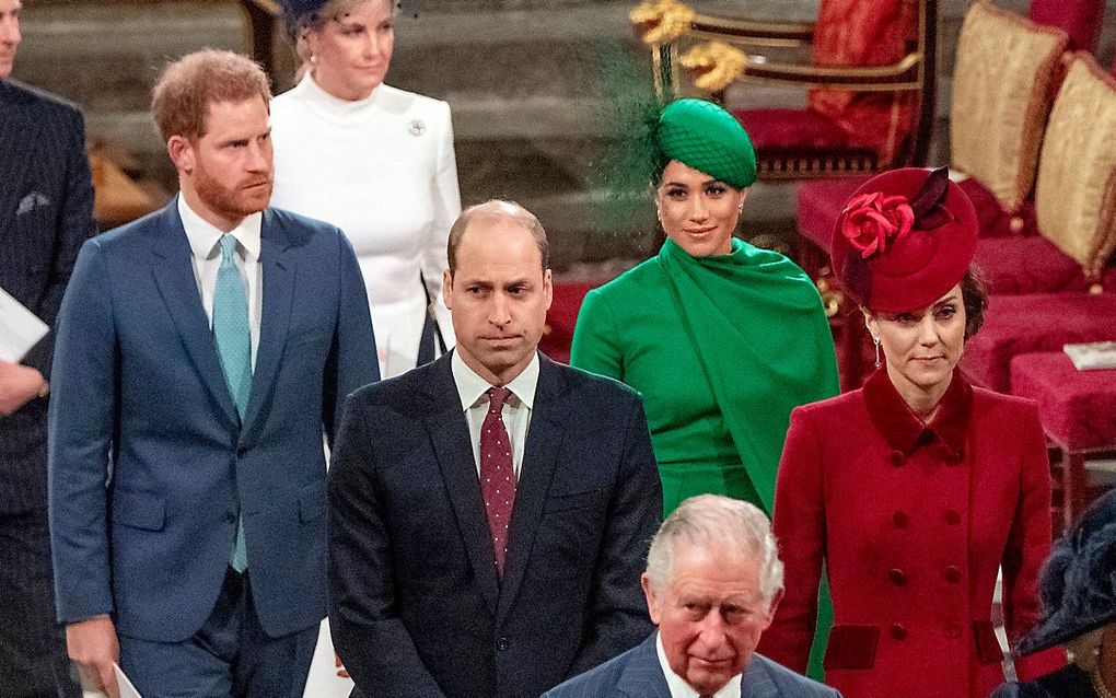 Harry en Meghan in maart in Londen, voor het laatst in hun koninklijke rol. beeld AFP