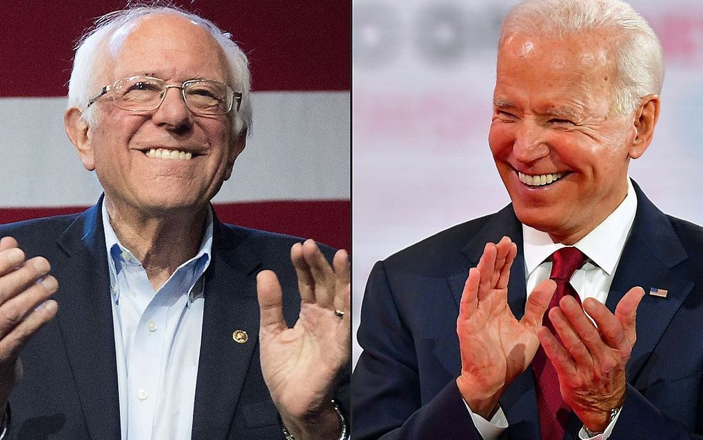 Links Bernie Sanders; rechts Joe Biden. beeld AFP