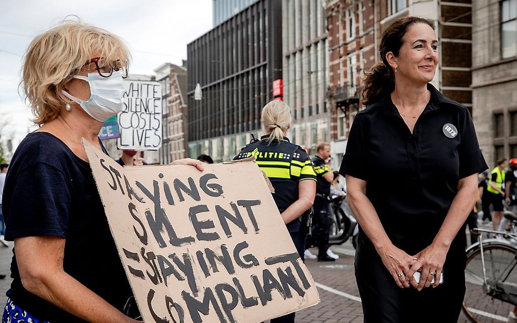 Burgemeester Femke Halsema tijdens het protest op de Dam. beeld ANP