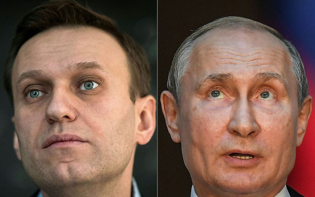 Links Aleksej Navalni, rechts Vladimir Poetin. beeld AFP, Tiziana Fabi