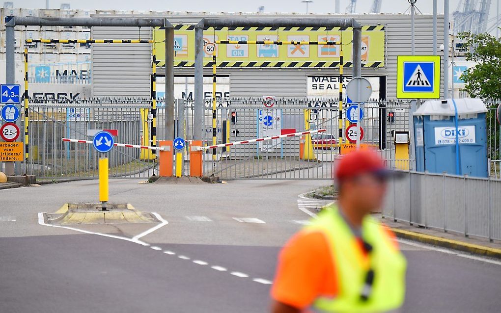 De toegang tot de containerterminal van APM op de Maasvlakte. Het havenbedrijf ligt stil na een ransomware aanval.  beeld ANP