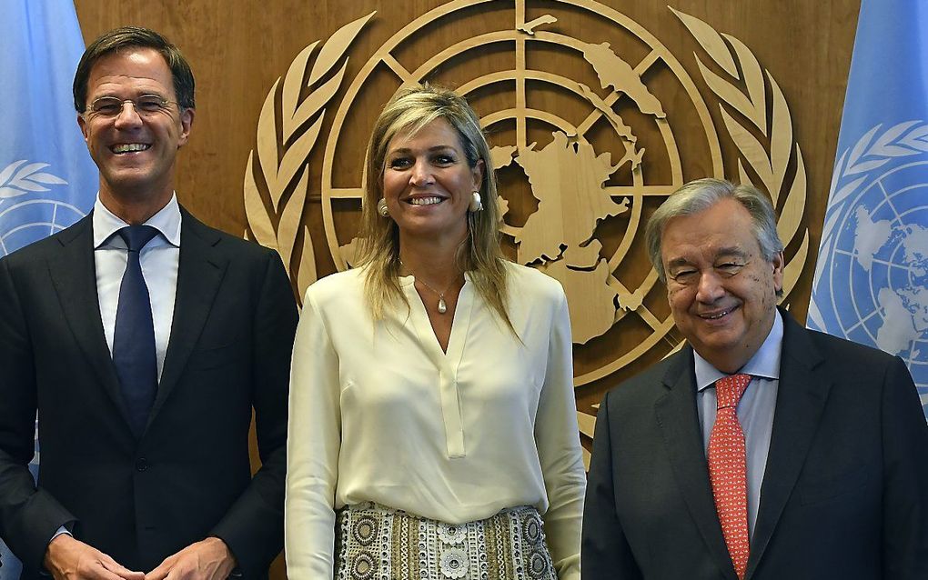 Premier Rutte, de koningin en VN-secretaris-generaal António Guterres. beeld ANP