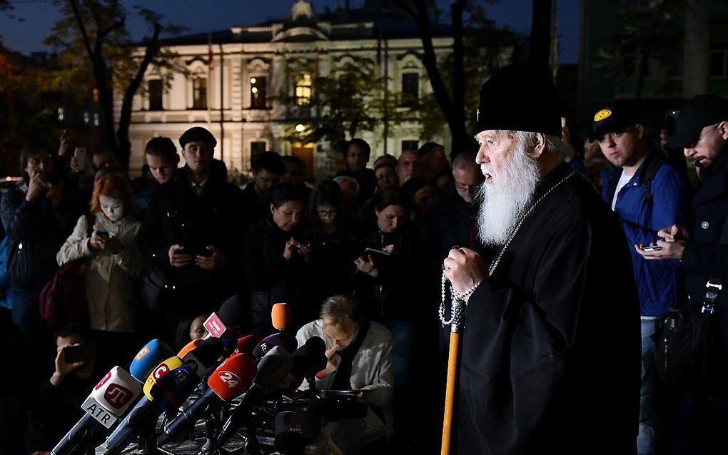 Persconferentie na de vergadering van de Oekrainse orthodoxe kerk. beeld AFP