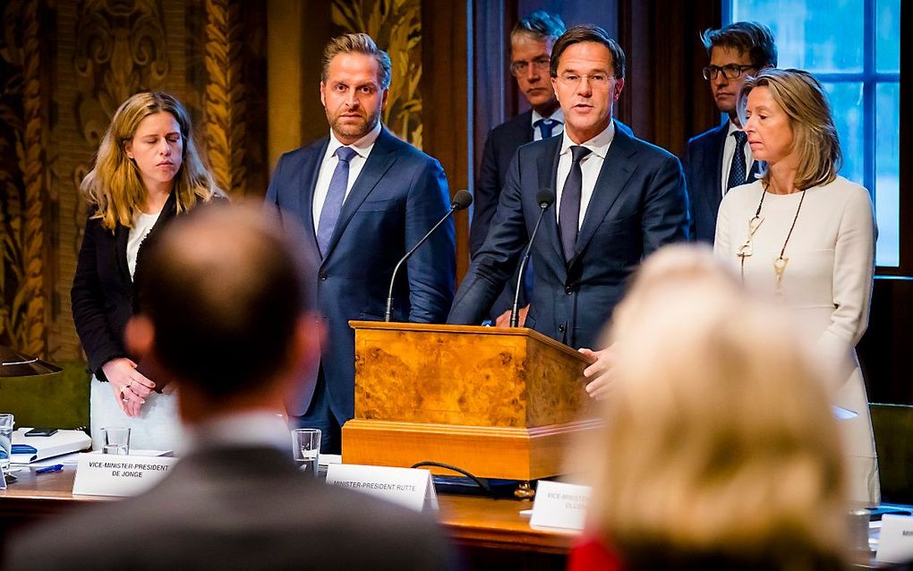 Premier Mark Rutte in de Eerste Kamer tijdens de herdenking van de overleden oud-premier Wim Kok. beeld ANP