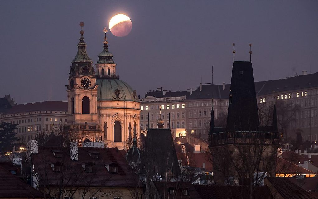 De super-bloed-wolfmaan boven Praag. beeld EPA