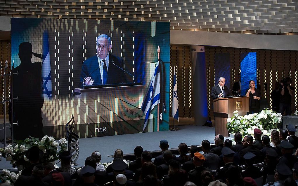 Premier Netanyahu houdt een toespraak tijdens onafhankelijkheidsdag. beeld EPA