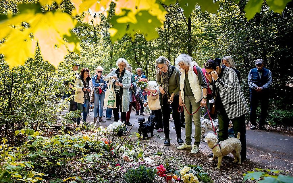 Hondenbezitters lopen mee met de stille tocht ter nagedachtenis aan de vrouw die op 4 mei in de Scheveningse Bosjes met een mes werd gedood tijdens het uitlaten van haar twee honden. Thijs H. is verdachte in de zaak. beeld ANP