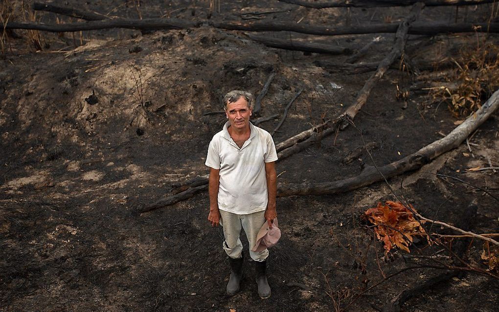 Een Braziliaanse boer tussen de resten van zijn boerderij in de Amazone. beeld EPA