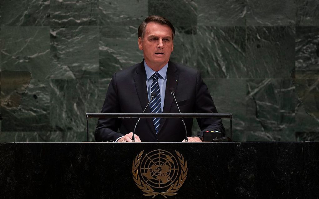 De Braziliaanse president Jair Bolsonaro tijdens de Algemene Vergadering van de VN. beeld AFP