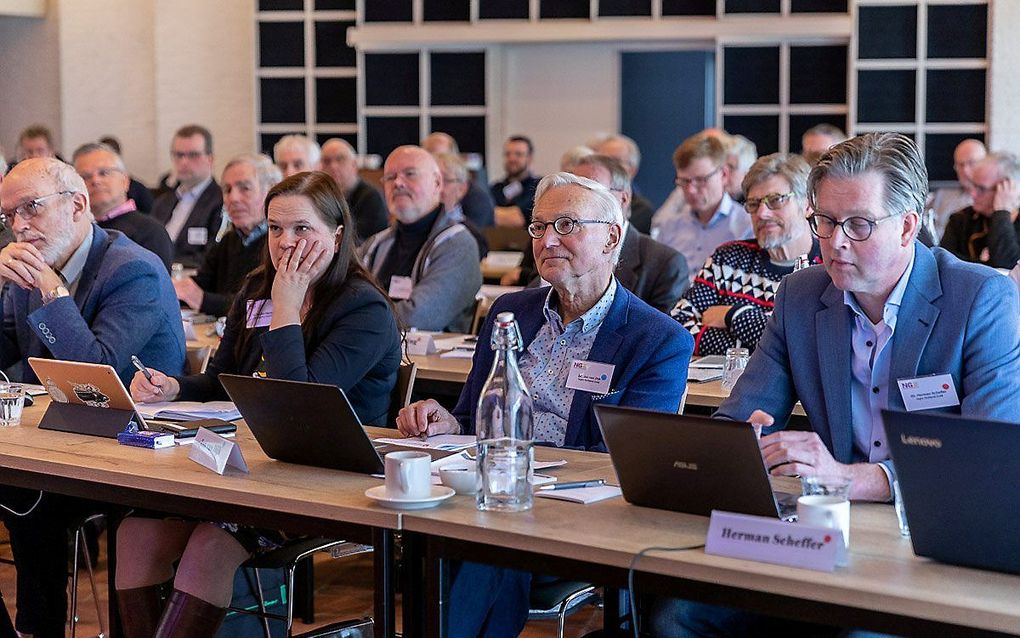 Gezamenlijke vergadering van de generale synode van de Gereformeerde Kerken vrijgemaakt (GKV) en de landelijke vergadering van de Nederlands Gereformeerde Kerken (NGK), vorige maand in Elspeet. beeld André Dorst