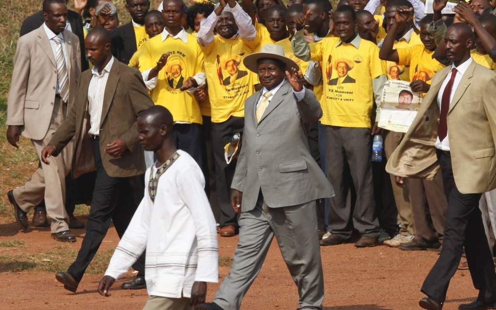 President Yoweri Museveni woensdag op campagne in de Ugandese hoofdstad Kampala. De president kan vrijwel zeker zijn van zijn herverkiezing. Foto EPA