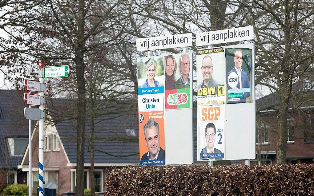 Verkiezingsborden in Woudenberg voor de laatste gemeenteraadsverkiezingen van 2018. beeld RD