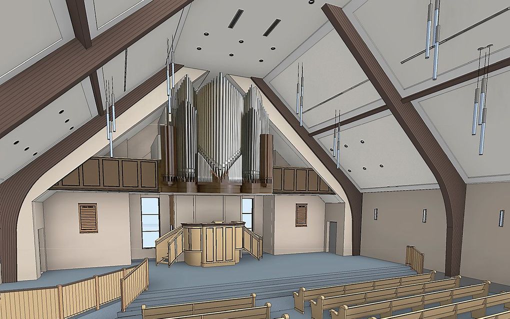 Artist impression van de nieuwe kerk met het orgel in Fort Macleod. beeld Orgelmakerij Boogaard