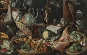 Keukenscène met Christus en de Emmaüsgangers (ong. 1560). Joachim Beuckelaer (ong. 1533-1574) uit Antwerpen was een van de eerste schilders die binnen zijn composities een belangrijke plaats toebedeelde aan etenswaren en keukengerei. Rechtsboven is een af