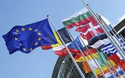 „Als burgers een warm gevoel krijgen bij een vlag, is het in ieder geval niet de Europese.” Foto: de vlaggen van de lidstaten van de Europese Unie bij het Europees Parlement in Straatsburg. beeld EPA, Patrick Seeger