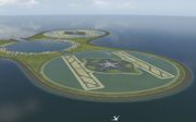 Impressie van een luchthaven in de Noordzee, afkomstig uit een toekomstvisie van Royal HaskoningDHV en baggeraar Van Oord in 2008. beeld Royal HaskoningDHV