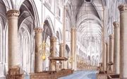 Interieur van de Grote Kerk in Dordrecht ten tijde van de synode. Tekening van E.H. Schoemaker uit 1893. beeld Regionaal Archief Dordrecht