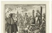 Maria van Beckum en Ursula van Werdum worden op de brandstapel gebracht. Gravure van Jan Luyken die in 1685 werd opgenomen in de Martelaarsspiegel van Thieleman Jansz. van Braght.  beeld Rijksmuseum Amsterdam