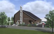 Impressie van het nieuwe kerkgebouw van de gereformeerde gemeente in Beekbergen. beeld vbk architecten
