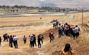 Palestijnse journalisten nemen een kijkje in de Jordaanvallei. Israël is van plan na 1 juli delen van de Westelijke Jordaanoever te annexeren. beeld EPA