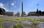 Onkruid groeit tusen de stenen van de Piaza del Popolo in Rome. Teken van de verlatenheid als gevolg van de virusuitbraak. beeld AFP, Alberto  Pizzoli