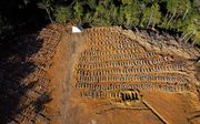 Luchtfoto met graven op de begraafplaats Nossa Senhora Aparecida in Manaus op 21 juni 2020. Het coronavirus heeft wereldwijd sinds de uitbraak in december vorig jaar in China minstens 464.423 mensen gedood, zijnde Brazilië, Latijns-Amerika's ergste land m