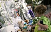 Bloemen en knuffels bij een herdenkingsplek voor meisjes die slachtoffer waren van Dutroux. beeld AFP
