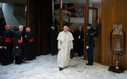 Paus Franciscus kwam vanochtend aan bij de misbruiktop in het Vaticaan. beeld AFP