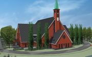 Artist’s impression van de nieuwbouw van de gereformeerde gemeente in Yerseke. beeld Buro Ruimte & Groen – Borssele