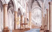 Interieur van de Grote Kerk in Dordrecht ten tijde van de Nationale Synode van 1618-1619. Tekening van E. H. Schoemaker uit 1893. beeld Regionaal Archief Dordrecht