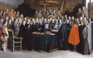 De vredessluiting tussen Spanje en de Nederlanden in 1648 in het stadhuis van Münster. Schilderij van Gerard ter Borch.