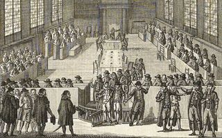 Wegzending van de remonstranten uit de Dordtse synode. Tekening J. Jelgerhuis, circa 1790. beeld Rijksstudio