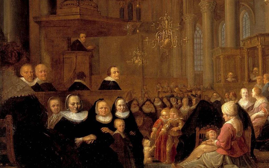 Fragment van een schilderij van Gijsbert Jansz. Sibilla van een gereformeerde dienst in de Grote of Laurentiuskerk te Weesp omstreeks 1635. beeld Museum Catharijneconvent