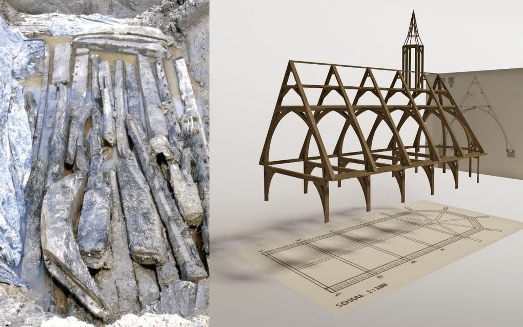 Blootgelegde balken en een reconstructie van de kerkkap. beeld RAAP/gemeente Almere