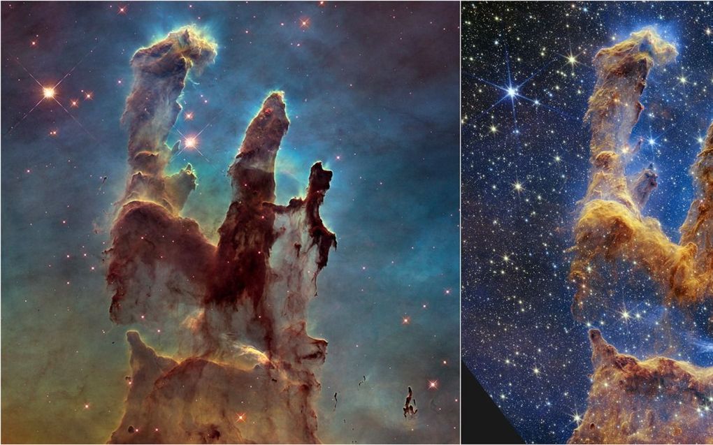 NASA toont links het oude Hubble-beeld van de Pillars of Creation uit 1995 en rechts het nieuwste beeld via de James Webb telescoop. beeld NASA