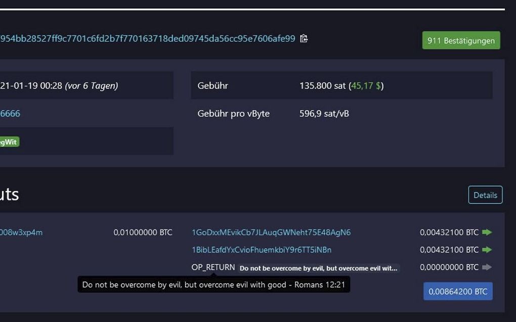 „Wordt van het kwade niet overwonnen, maar overwint het kwade door het goede”, staat rechtsonderaan te lezen. beeld https://mempool.emzy.de/de/tx/057954bb28527ff9c7701c6fd2b7f770163718ded09745da56cc95e7606afe99