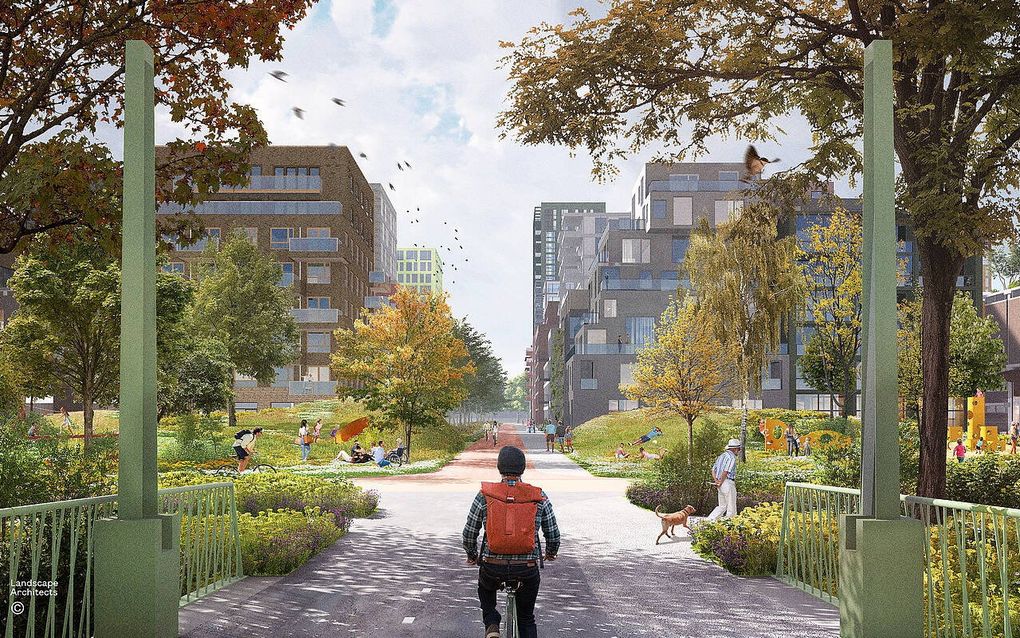 Nieuwbouwwijk Merwedekanaalzone in Utrecht wordt autovrij. In parkeergarages in de buurt krijgen bewoners slechts één parkeerplaats toegewezen. beeld LOLA Landscape Architects