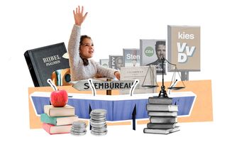 Samengesteld beeld van elementen die te maken hebben met de Tweede Kamerverkiezingen en voor deze aflevering van de serie met boeken, een Bijbel, een meisje in de schoolbanken en een afbeelding van de Grondwet.