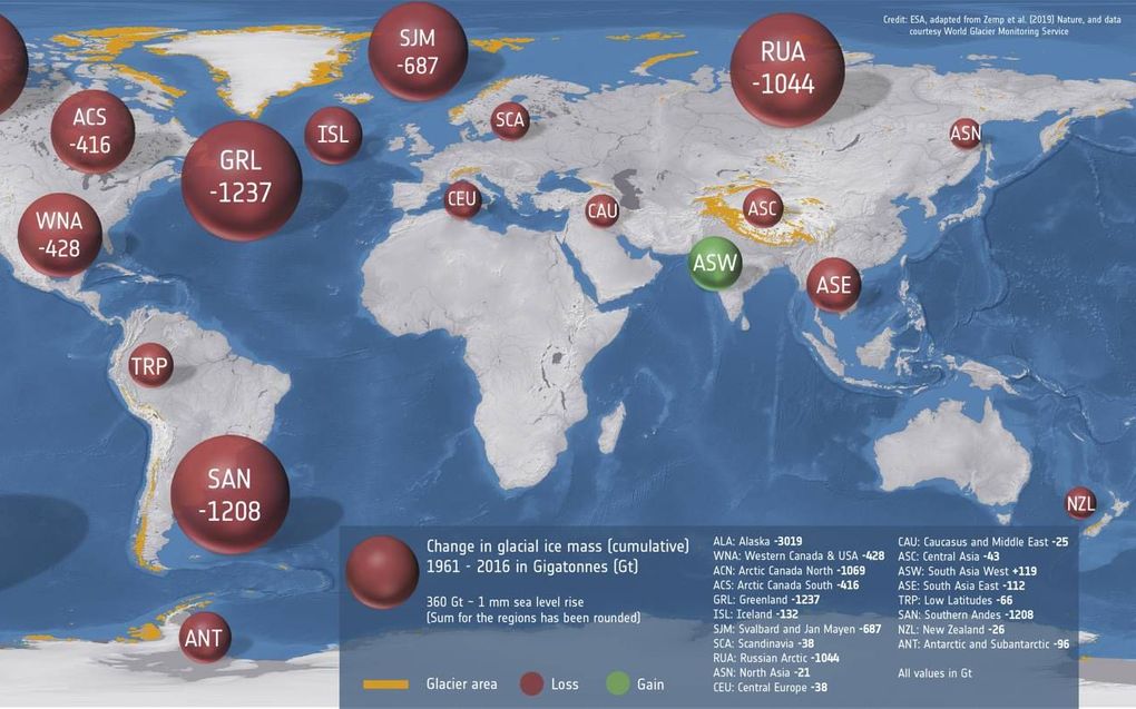 IJsverlies van gletsjers wereldwijd in gigaton in de periode 1961-2016. beeld ESA