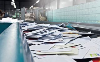 Brieven liggen op een lopende band in een sorteercentrum van PostNL