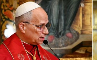 Samengestelde afbeelding van twee mannen: links de paus en rechts Trump.