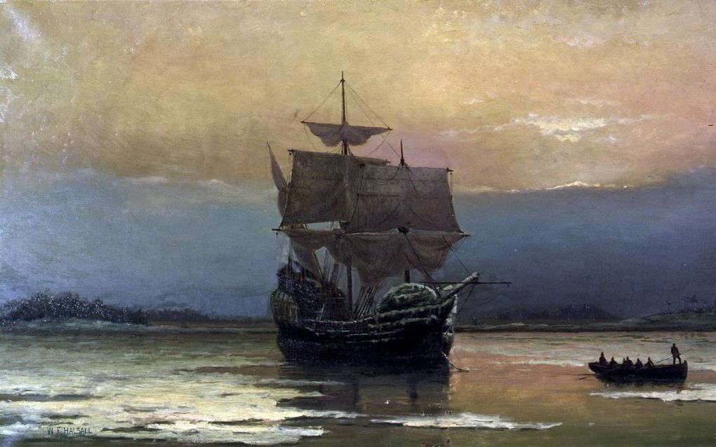 Mayflower in Plymouth Harbor,” by William Halsall, 1882 at Pilgrim Hall Museum, Plymouth, Massachusetts, USA