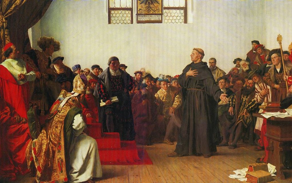 Luther op de rijksdag te Worms, op een schilderij door Anton von Werner uit 1877. beeld Wikimedia