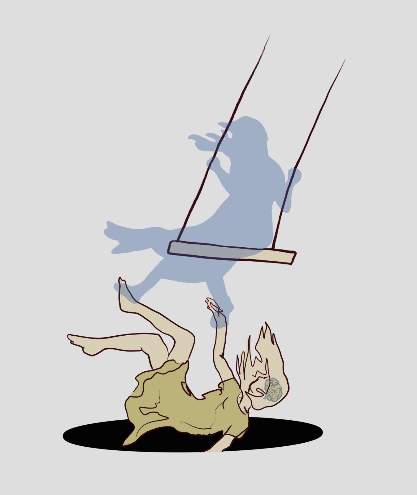 Illustratie van een schommel waar een meisje onder ligt terwijl een schaduwbeeld van het meisje op de schommel zit