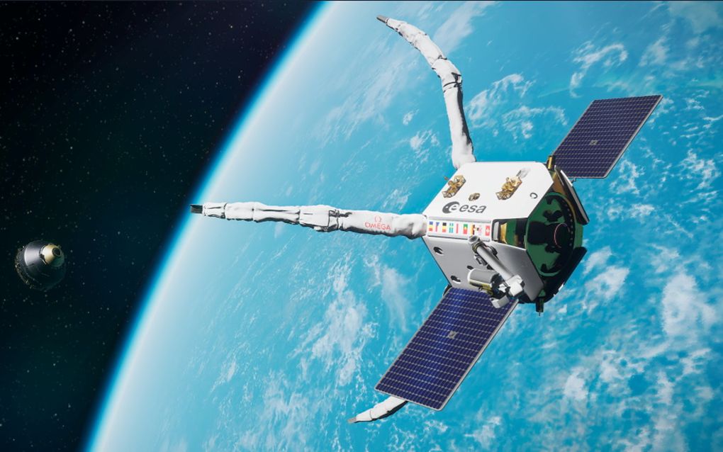 De ClearSpace1-satelliet moet met grijparmen een afgedankte satelliet gaan vangen om vervolgens samen gecontroleerd neer te storten in de dampkring en daar te verbranden. beeld ESA