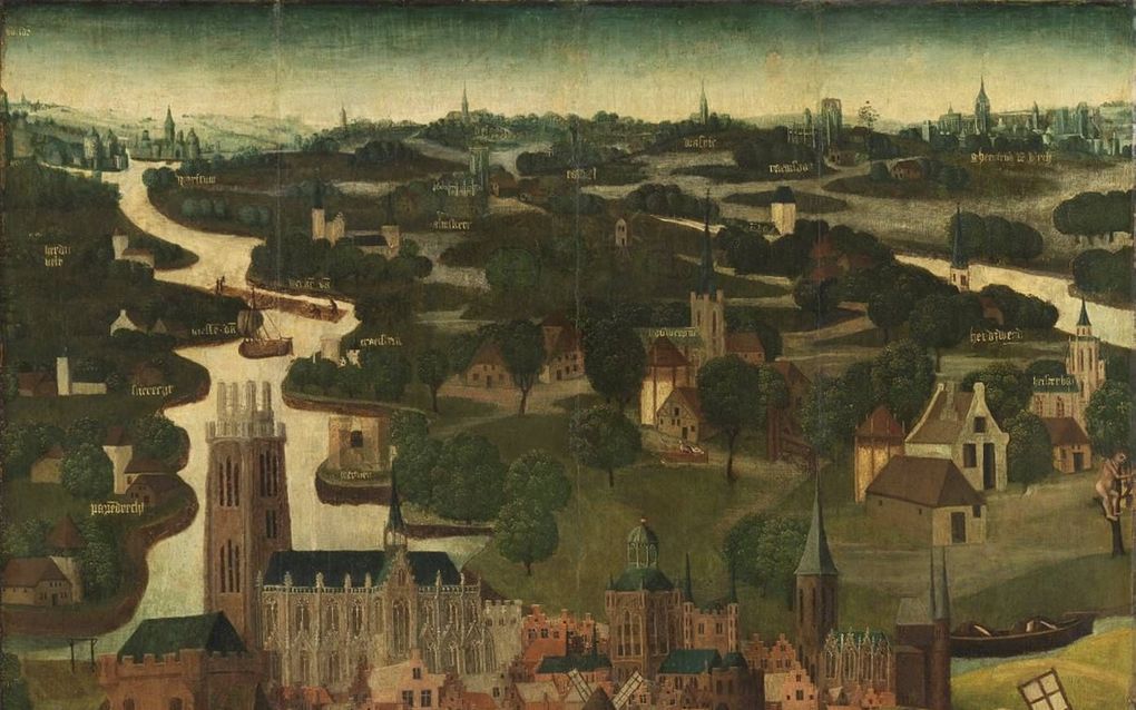 Altaarstuk met de Sint Elisabethsvloed, 18-19 november 1421: de stad Dordrecht en de dijkbreuk bij Wieldrecht. beeld Rijksmuseum