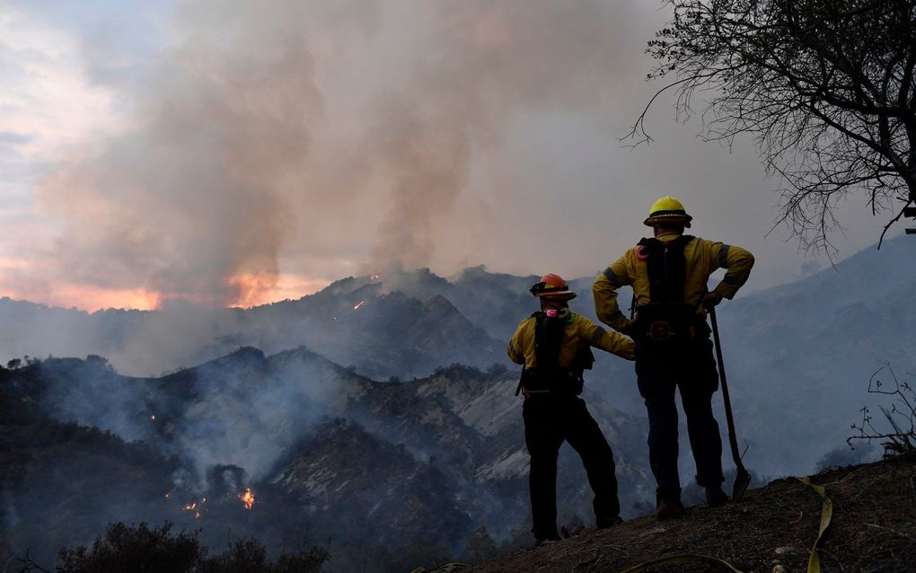 Brandweermannen kijken naar de brandende heuvels in het Topanga State Park. beeld AFP, Patrick T. Fallon