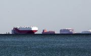 Schepen liggen voor anker bij het Suezkanaal. Er liggen naar schatting tussen de 165 en 185 schepen te wachten op vrije doorvaart. beeld EPA, Khaled Elfiqi