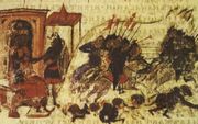 Het Beleg van Constantinopel (717-718) door islamitische legers onder leiding van generaal Maslama ibn Abd al-Malik. Illustratie uit de Kroniek van Manasses (ca. 1130-ca. 1187).  beeld Wikimedia