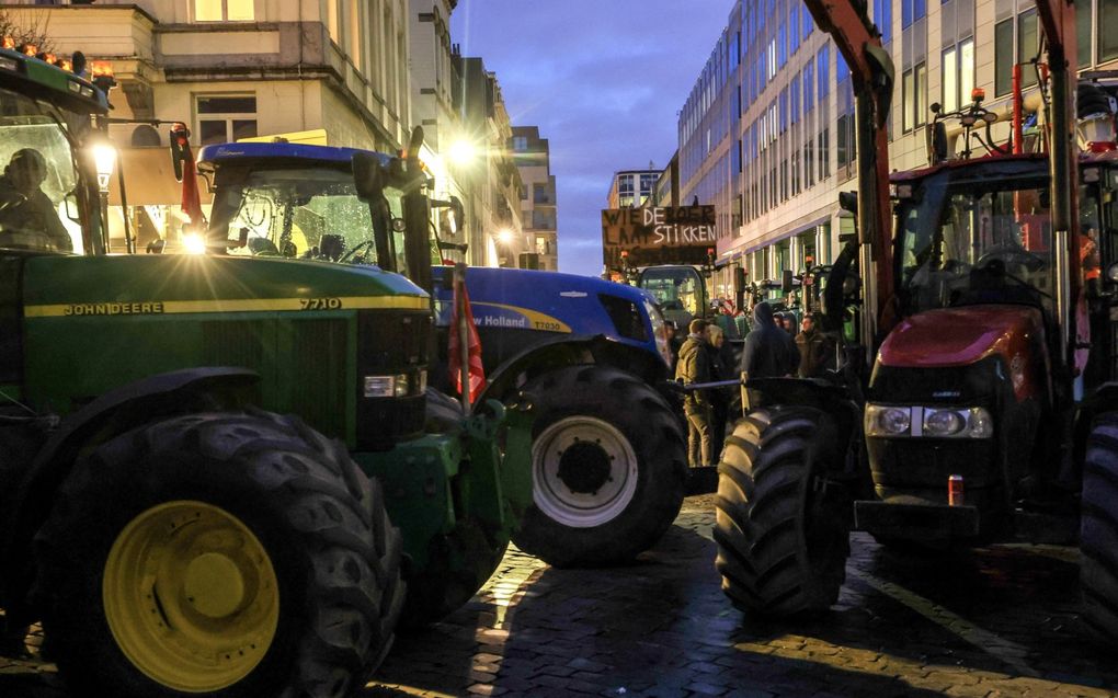 Boeren stonden donderdagochtend met hun trekkers voor het Europees Parlement in Brussel.  beeld EPA, Olivier Hoslet